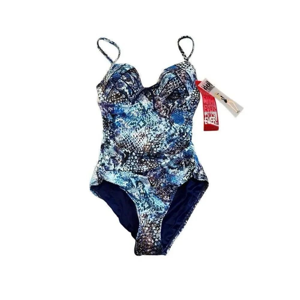 Spanx Women’s Swimsuit 6B/C Blue Python Nile Bra Underwire One Piece $188 NWT